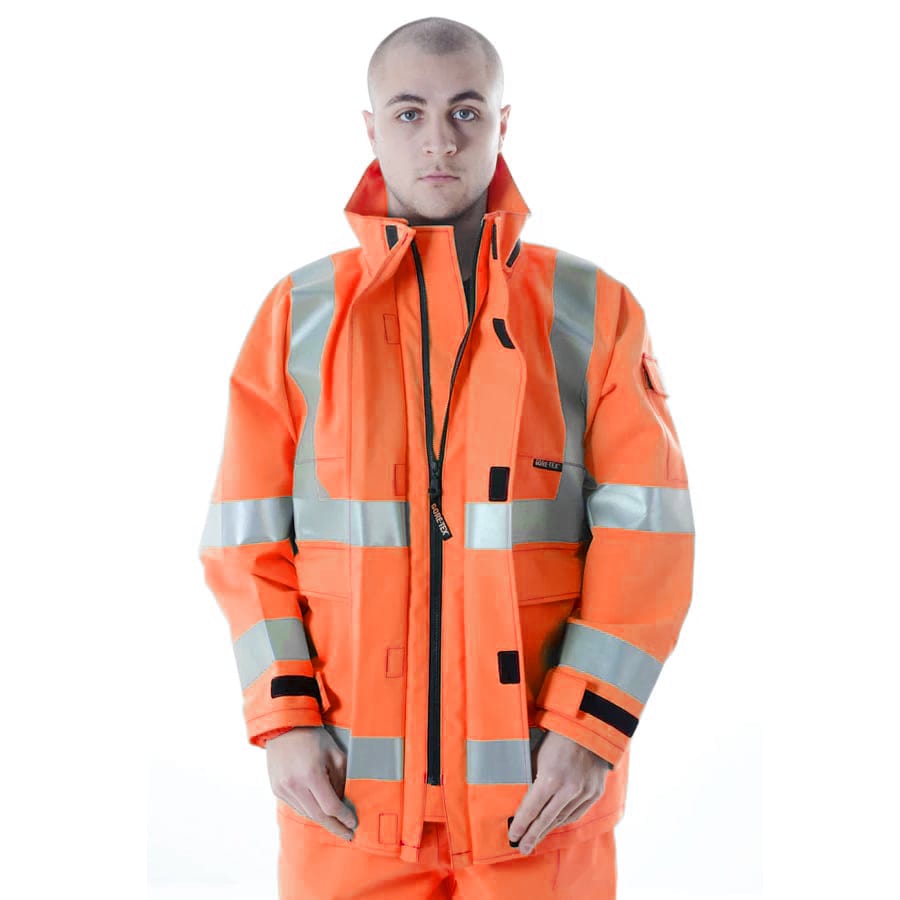 PRO ARC FR/ARC CAT 3 CSA Breathable High Visibility Rainwear Trench Coat Orange/Navy