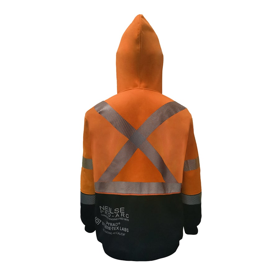 Neilsen FR/ARC Rated CSA Hi-Vis Orange/Black Softshell Fleece Hoody made with PYRAD® WINDSTOPPER® Fabric by GORE-TEX LABS